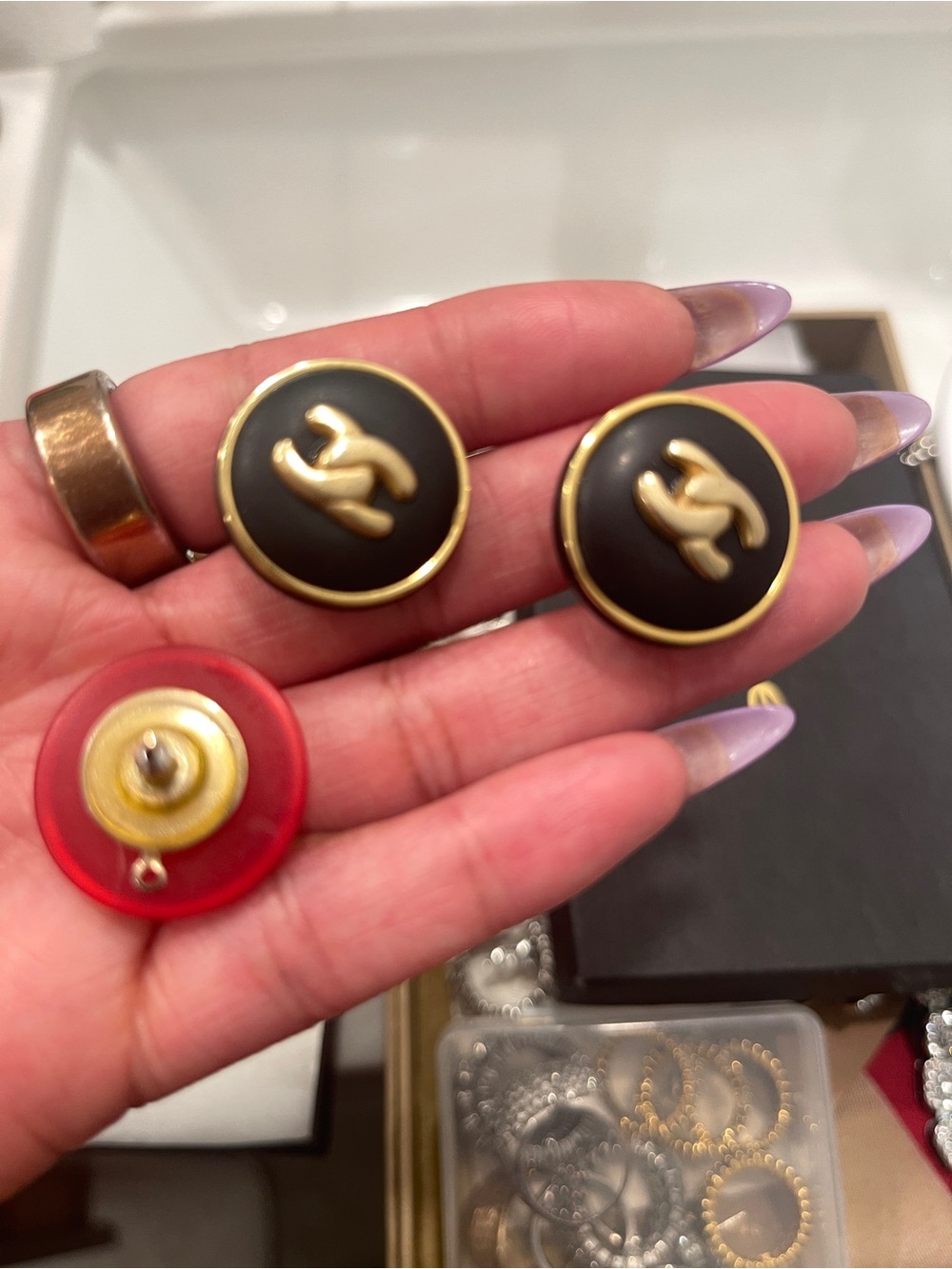 CHANEL Black and Gold Round CC Button up-cycled into earrings